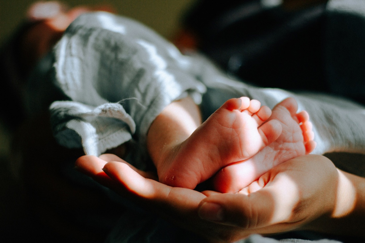 A baby's feet resting in an adult hand in a beam of light